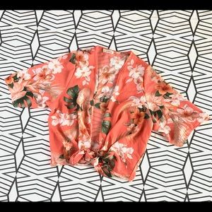 Floral Tie Top Women’s Sz Med coral & palm leaves